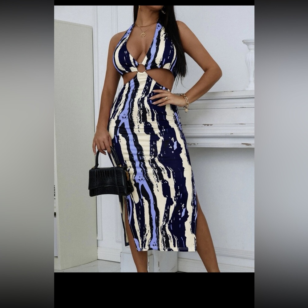 Allover Print Backless Plunging Neck O-ring Cut Out Split Thigh Halter Dress